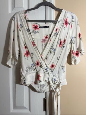 Abercrombie & Fitch Cream Floral Wrap Blouse with Pink Blossoms